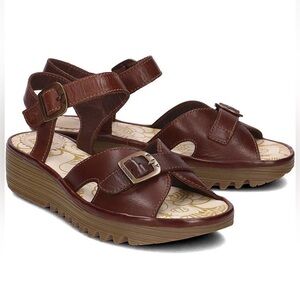 Fly London Egal Leather Wedge Brown Womens Sandals Size 10-10.5